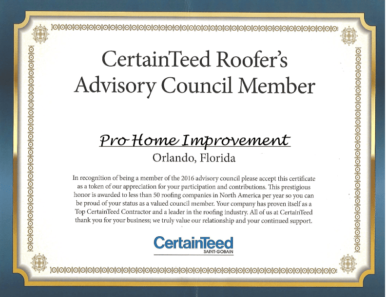 CertainTeed Roofer's Advisory Council Membership Certificate