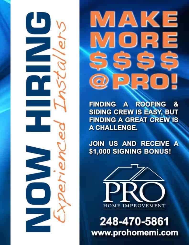 Now hiring roofing and siding installers. 