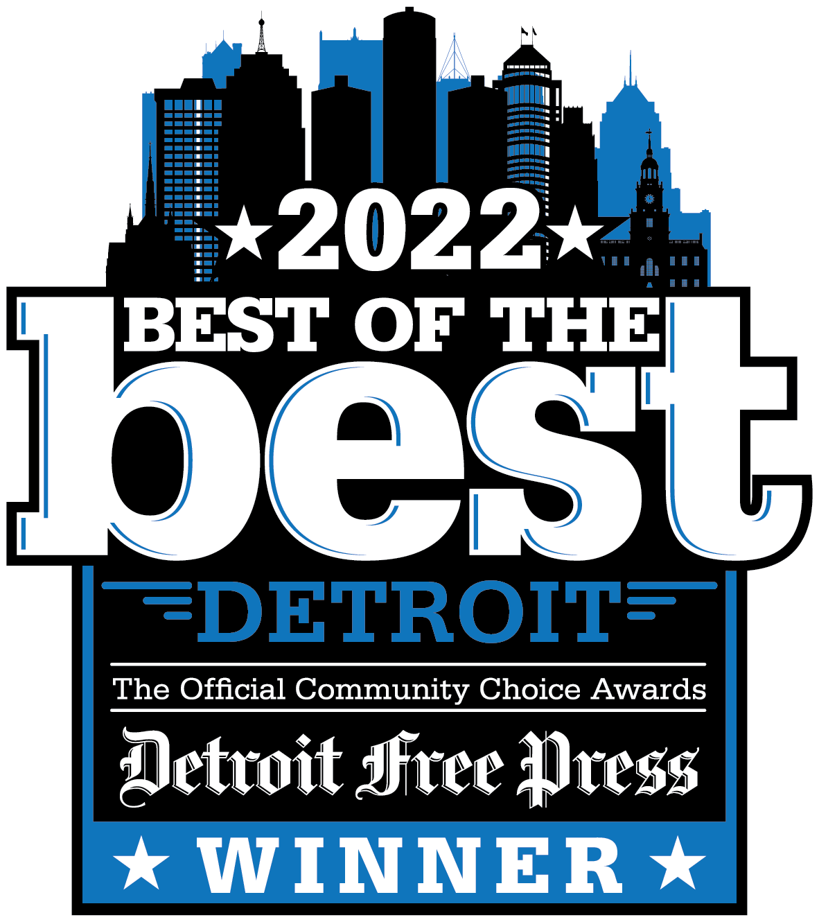 Logo with "2022 Best of the Best Detroit" and "The Official Community Choice Awards Detroit Free Press Winner" text, featuring a silhouette of Detroit's skyline, encapsulates the city's prestigious awards.