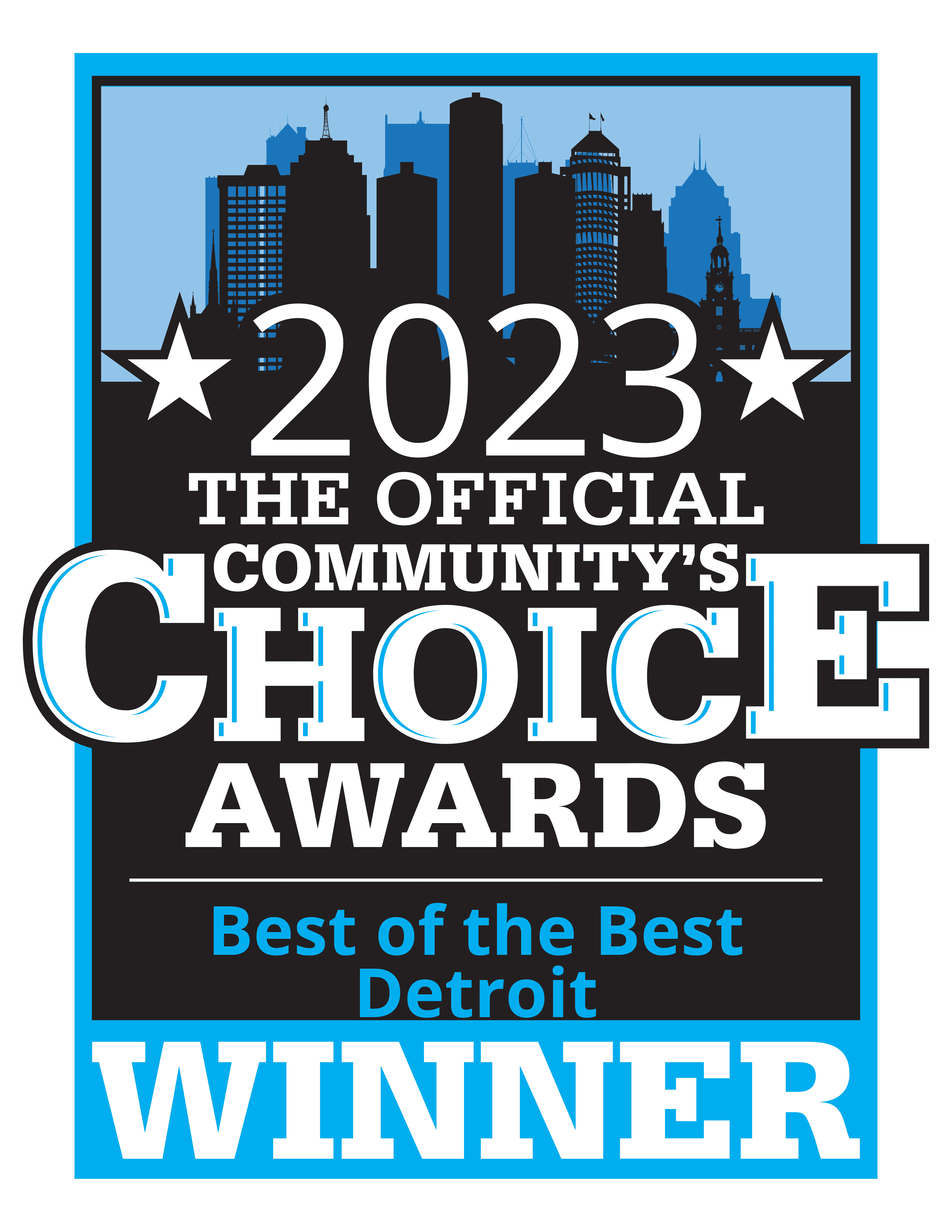 Logo for the “2023 The Official Community’s Choice Awards” with a city skyline backdrop, titled “Best of the Best Detroit” and marked as “Winner.” This distinguished logo serves as a container for community excellence.