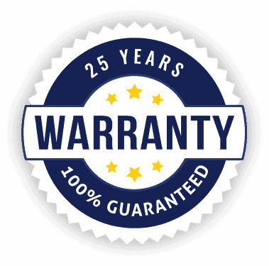A badge with the words 25 years warranty 100% guaranteed for exterior improvement.