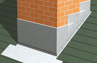 An illustration of a brick chimney on the exterior of a home with a tiled roof.