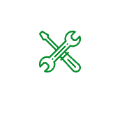 A white circle with a green outline and screwdriver crossed in MI.
