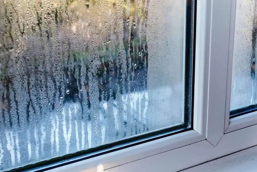 A window unit with condensation inside, indicating leaky seal