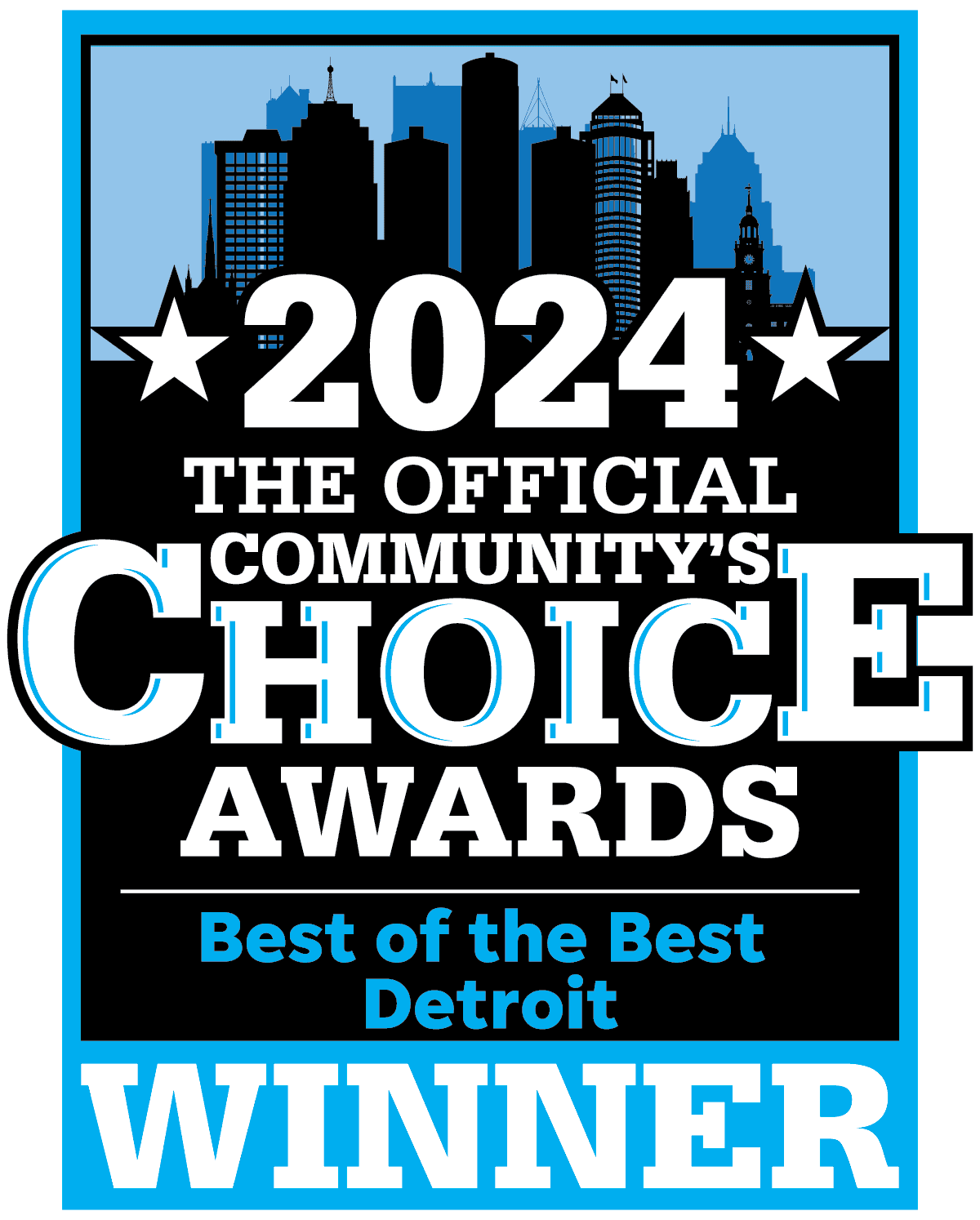 Award graphic featuring Detroit skyline with text: "2024 Best Commercial Roofing Contractor, Detroit Winner – Community’s Choice Awards.