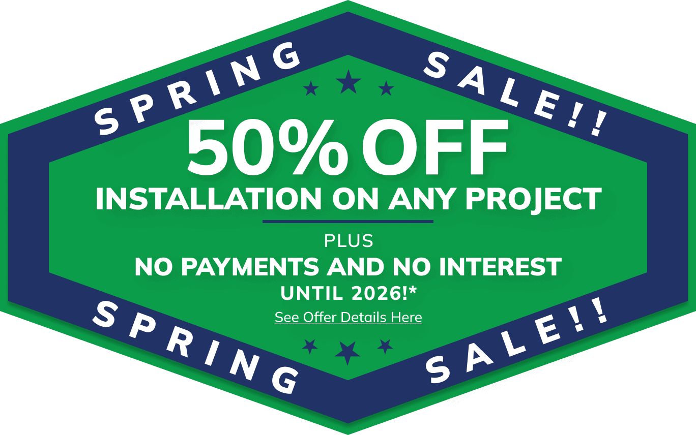 Green banner: "Spring Sale – 50% Off Metal Roof Installation, No Payments Until 2026. See details.
