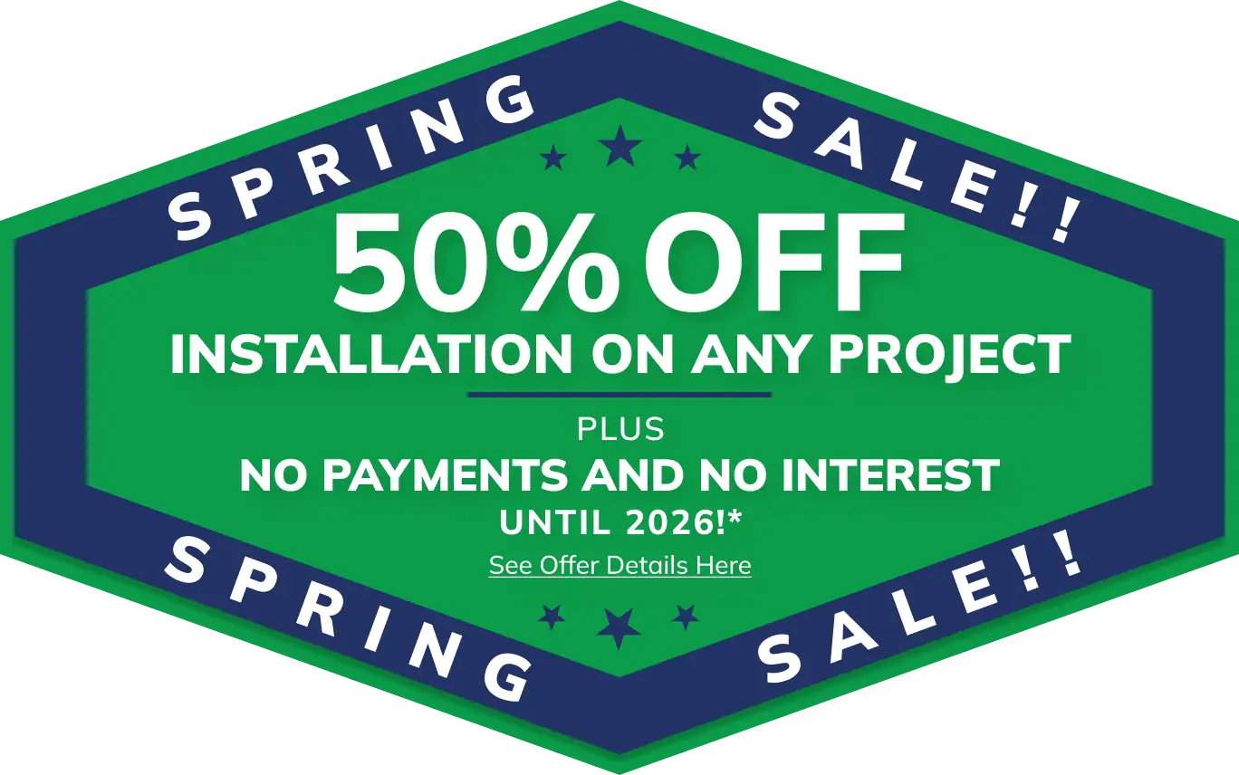 Green banner: "Spring Sale – 50% Off Metal Roof Installation, No Payments Until 2026. See details.