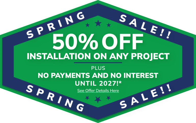 Green hexagon sign: Michigan home remodeling, 50% off install roofing, siding, gutters.