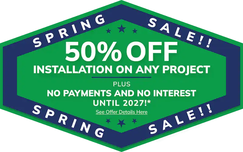 Green and blue badge with "Spring Sale! 50% off Michigan home remodeling, roofing, siding.