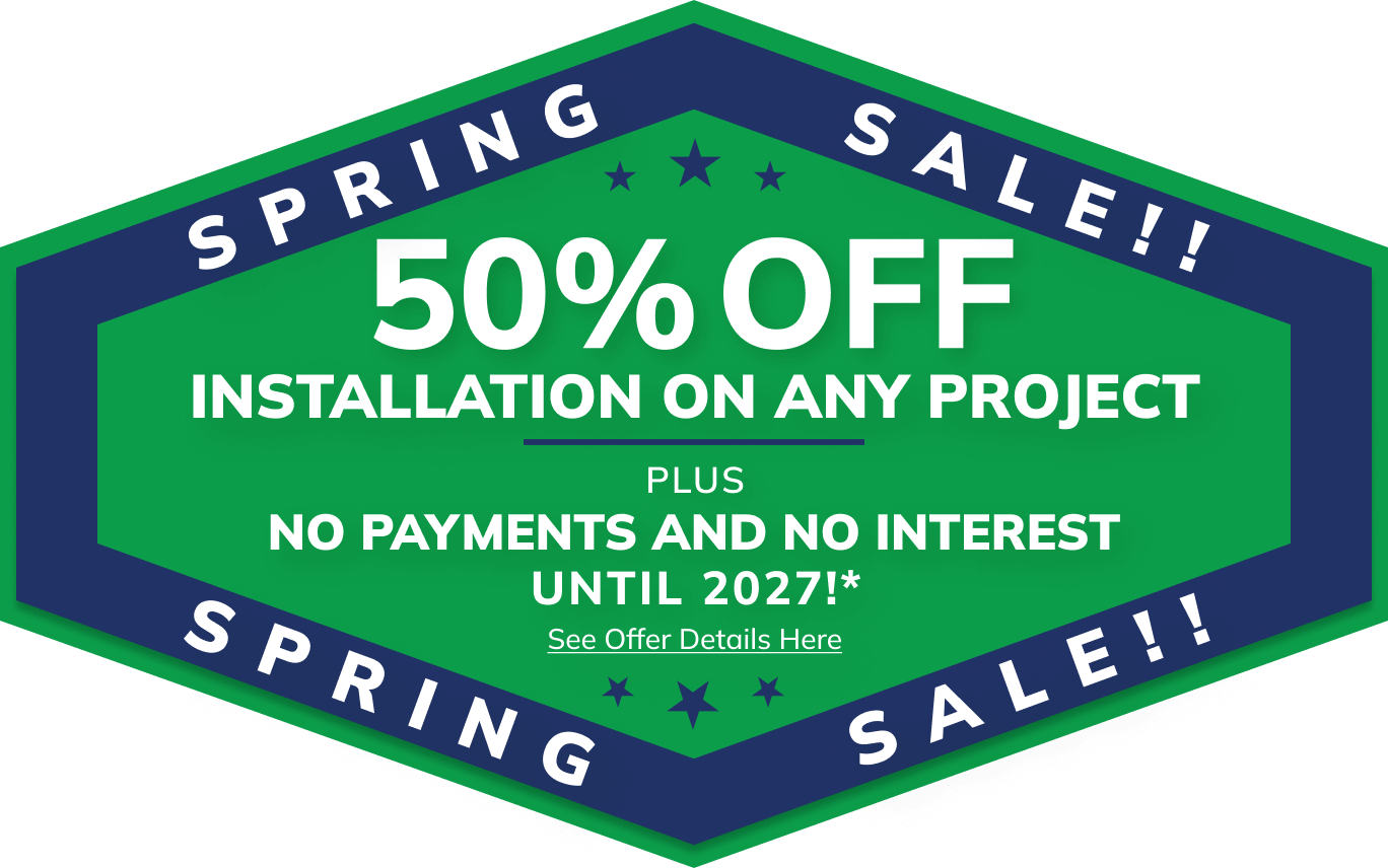 Green hexagon sign: Michigan home remodeling, 50% off install roofing, siding, gutters.