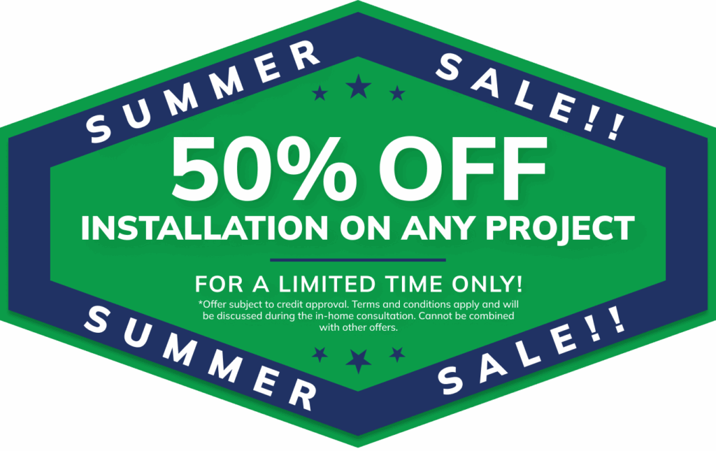 Green and blue badge for Michigan home remodeling, roofing, siding, and window services summer sale 50% off installation.