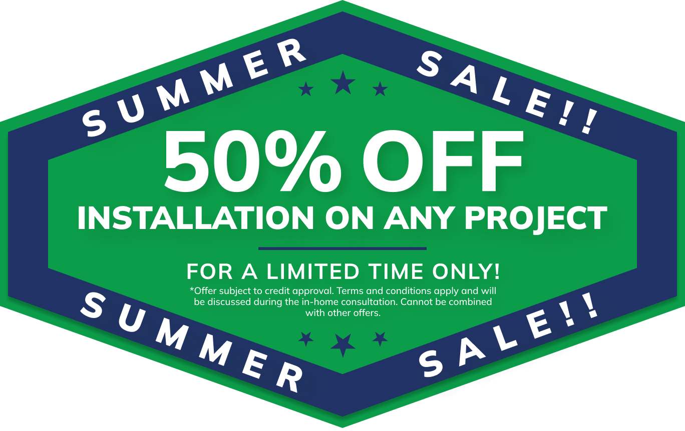 Green and blue badge for Michigan home remodeling, roofing, siding, and window services summer sale 50% off installation.