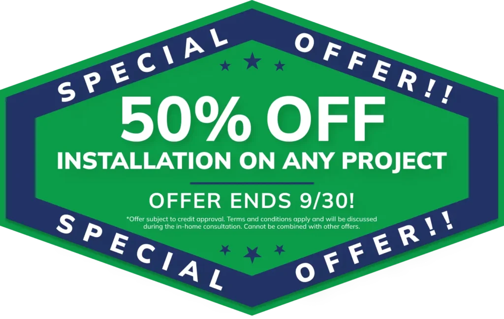 Green and blue badge: Michigan home remodeling, 50% off roofing, siding, gutter & window services. Offer ends 9/30.