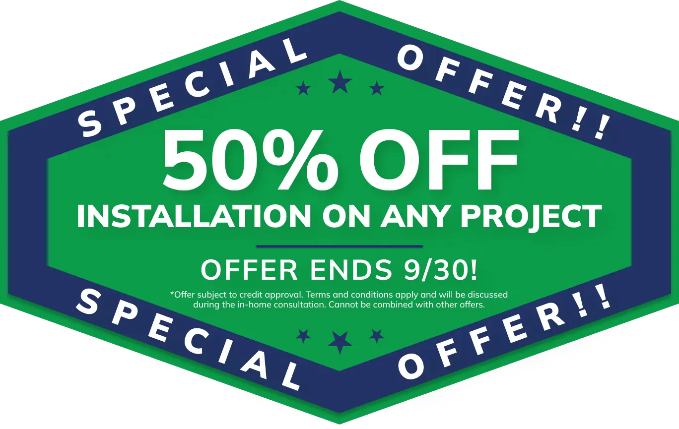 Green and blue badge: Michigan home remodeling, 50% off roofing, siding, gutter & window services. Offer ends 9/30.