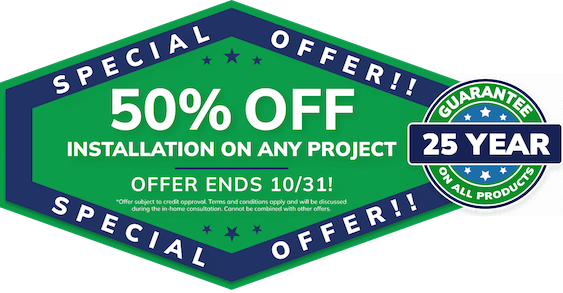 Green and blue Michigan home remodeling banner: 50% off roofing, siding, gutter install, 25-year guarantee, ends 10/31.