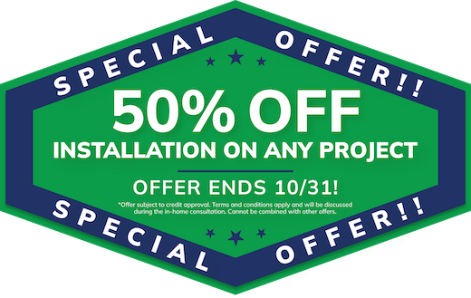 Green and blue badge: "50% off installation on Michigan roofing, siding, gutters, or home remodeling.