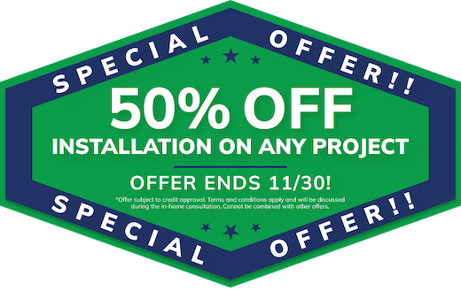 Green and blue badge offers 50% off Michigan roofing, siding, window, or home remodeling installation; terms apply.