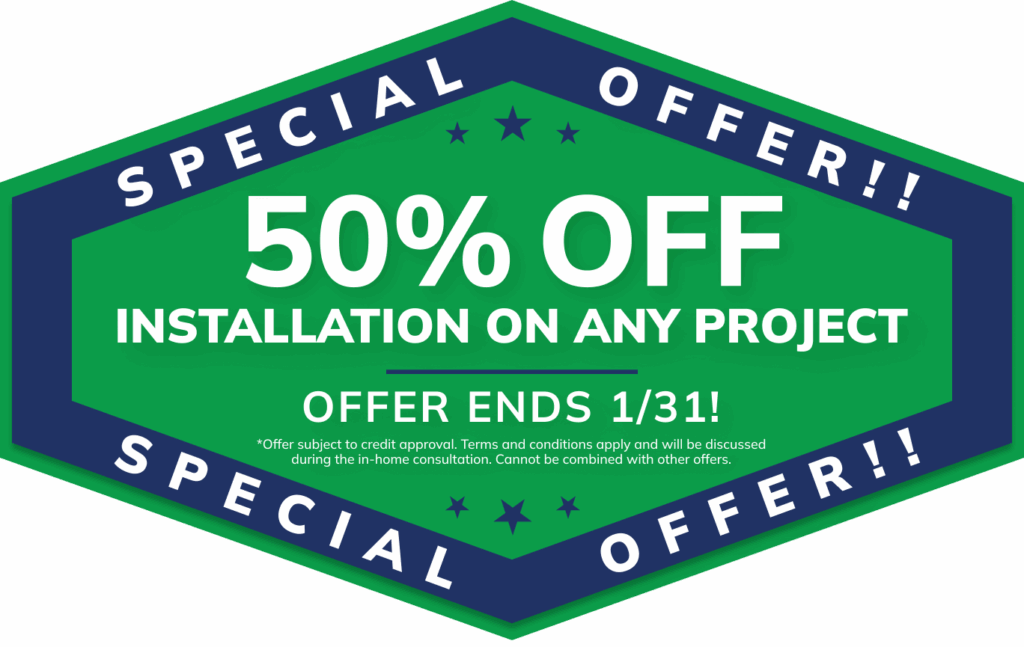 Green and blue sign: “50% off installation for Michigan roofing, siding, gutter, window, and home remodeling services. Offer ends 1/31.”.