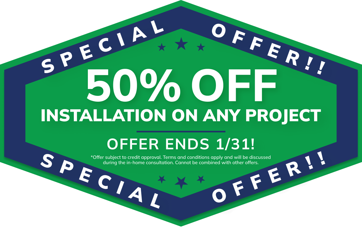 Green and blue sign: “50% off installation for Michigan roofing, siding, gutter, window, and home remodeling services. Offer ends 1/31.”.