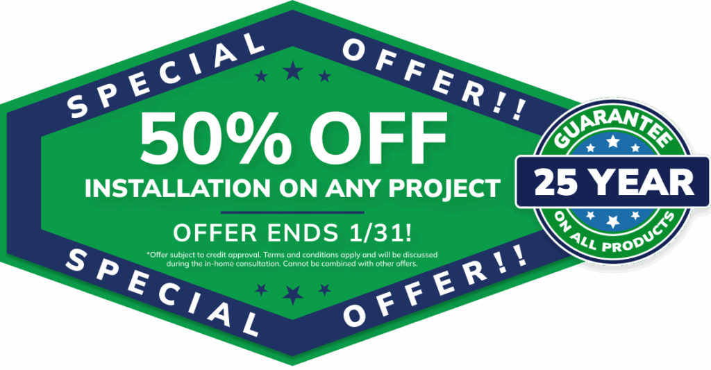 Green banner: 50% off installation for Michigan home remodeling, roofing, siding, gutters, windows; ends 1/31 with 25-year guarantee.