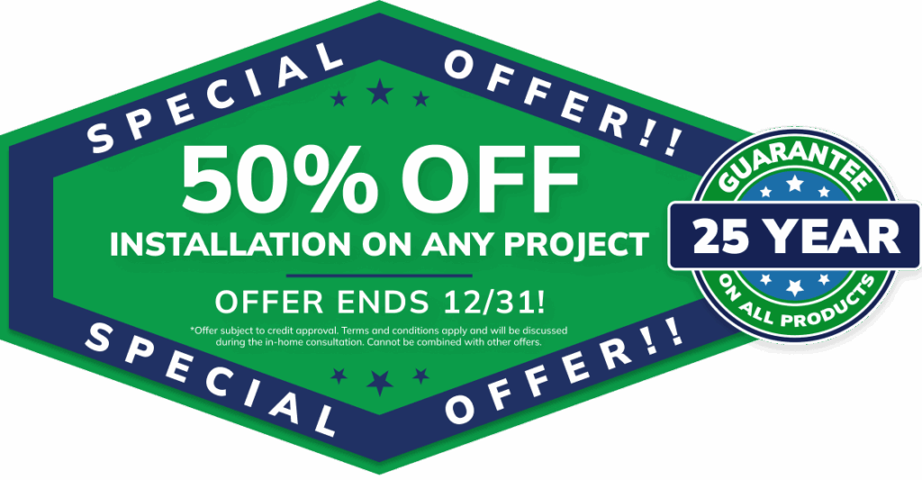 Green and blue banner: “50% off installation on Michigan home remodeling, roofing, siding, gutters—offer ends 12/31.”.