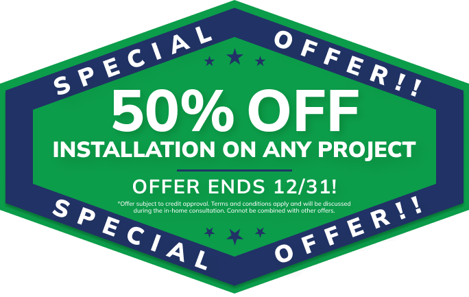 Hexagonal badge reads: SPECIAL OFFER! 50% OFF home remodeling, roofing, or siding services in Michigan until 12/31; small print terms.
