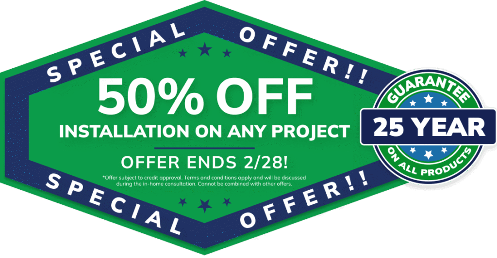 Green and blue badge: 50% off Michigan home remodeling, roofing, siding, windows; ends 2/28.