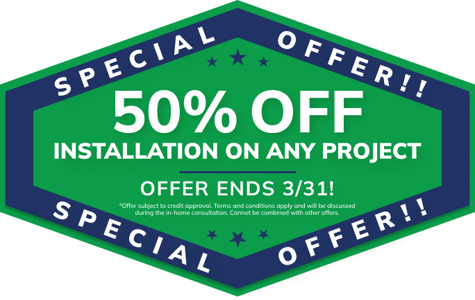 Green and blue badge reads: 50% OFF installation on Michigan roofing, siding, window, and home remodeling services; offer ends 3/31.