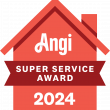 2024 Angi Super Service Award logo: red house, ribbon, commercial roofing focus.